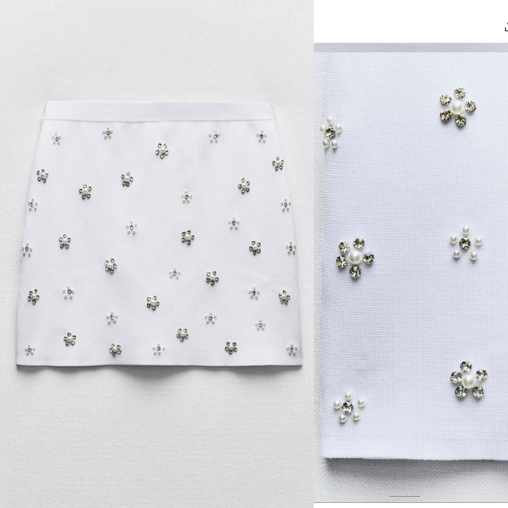 Zara White Mini Skirt with Pearl & Crystal Flower Embellishments